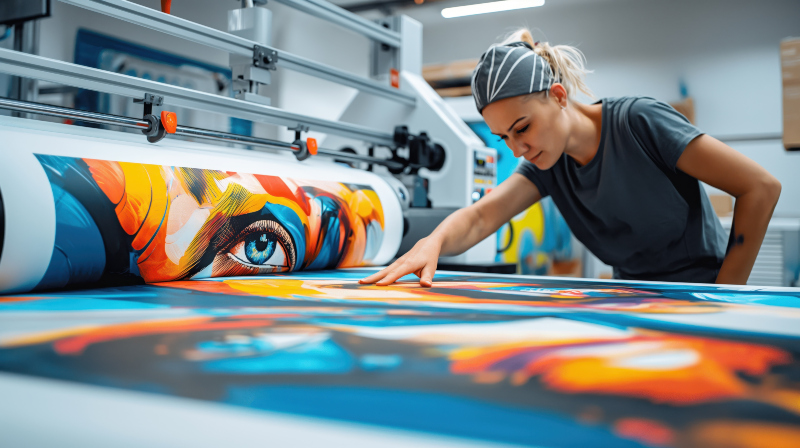 Eine Frau überprüft die Druckqualität an einer Digitaldruckmaschine 