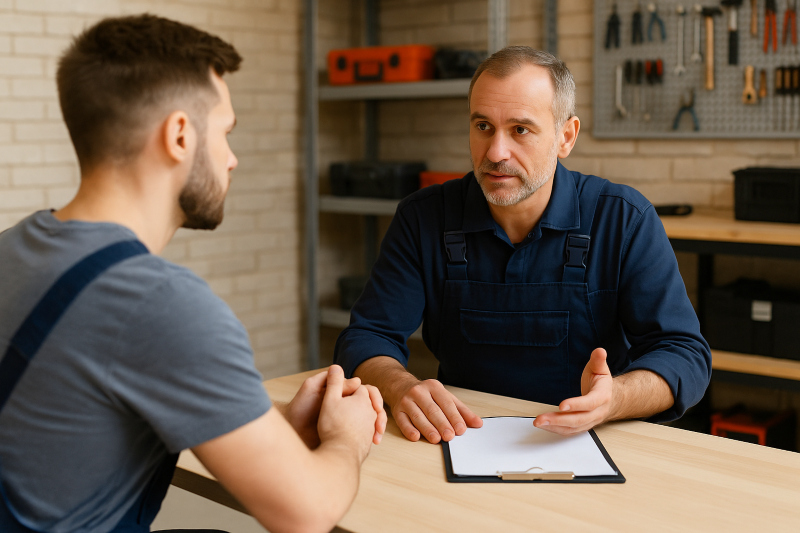In einem Werkstattbetrieb führt ein Vorgesetzter mit einem Angestellten ein Feedbackgespräch
