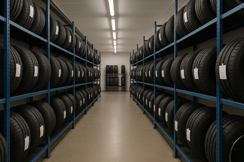 Beim gewerblichen Einlagern von Reifen sind verschiedene Vorschriften zu beachten Ein Lagerraum mit mehreren gefüllten Reifenregalen