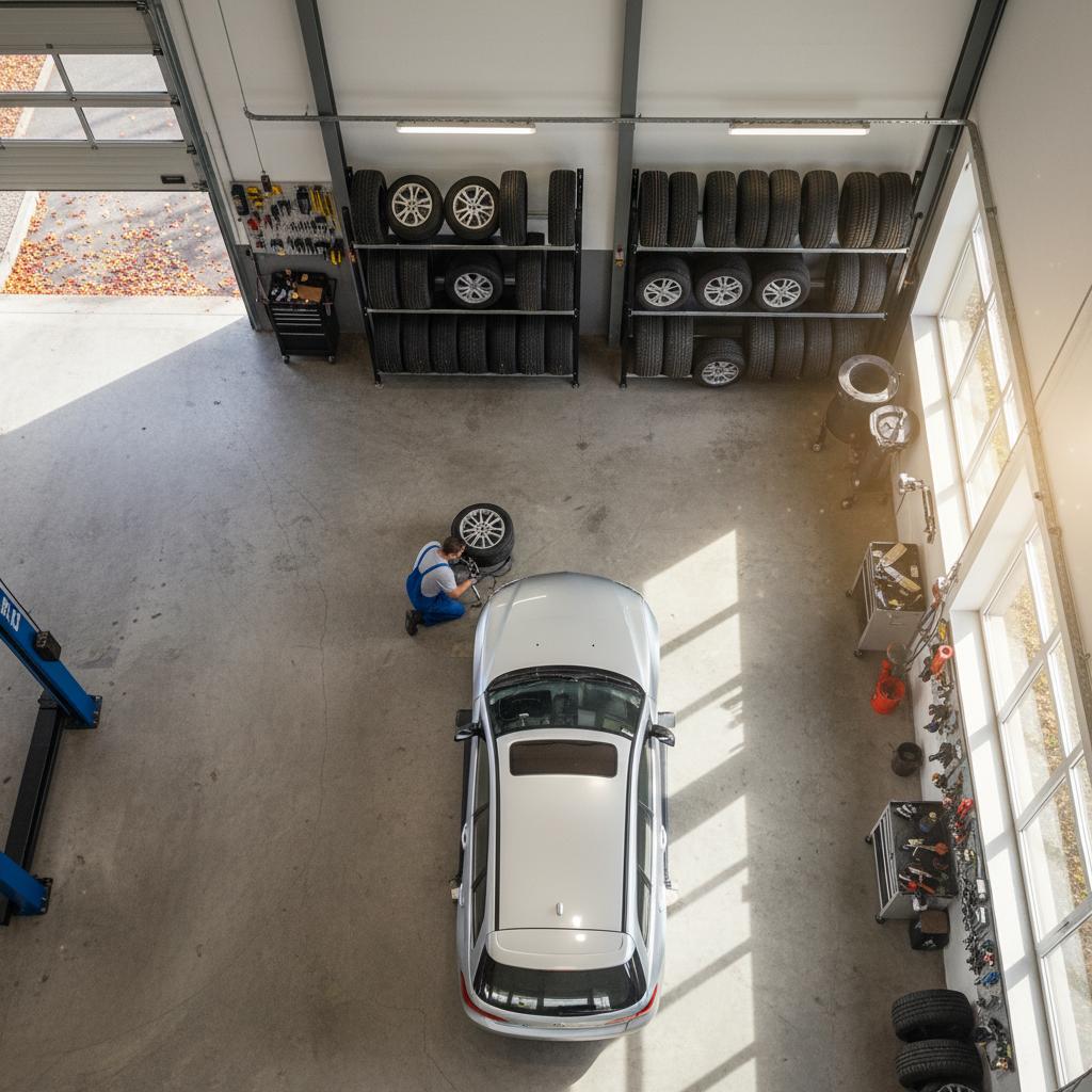 Vogelperspektive auf einen Mechaniker der in einer Werkstatt Reifen wechselt 