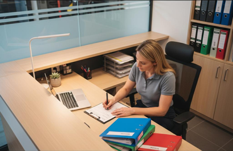 Eine Werkstatt-Managerin protokolliert Unterlagen zu einem Reifenwechsel 