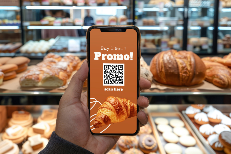Gutscheine ziehen Kunden an, erleichtern aber auch den Erfolg der Aktion zu überprüfen Vor der Theke einer Bäckerei ist das Display eines Handy mit Rabattcode zu sehen