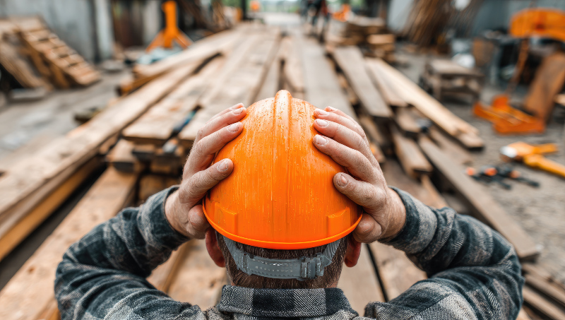 Ein Handwerker auf einer Baustelle schlägt die Hände zum Kopf
