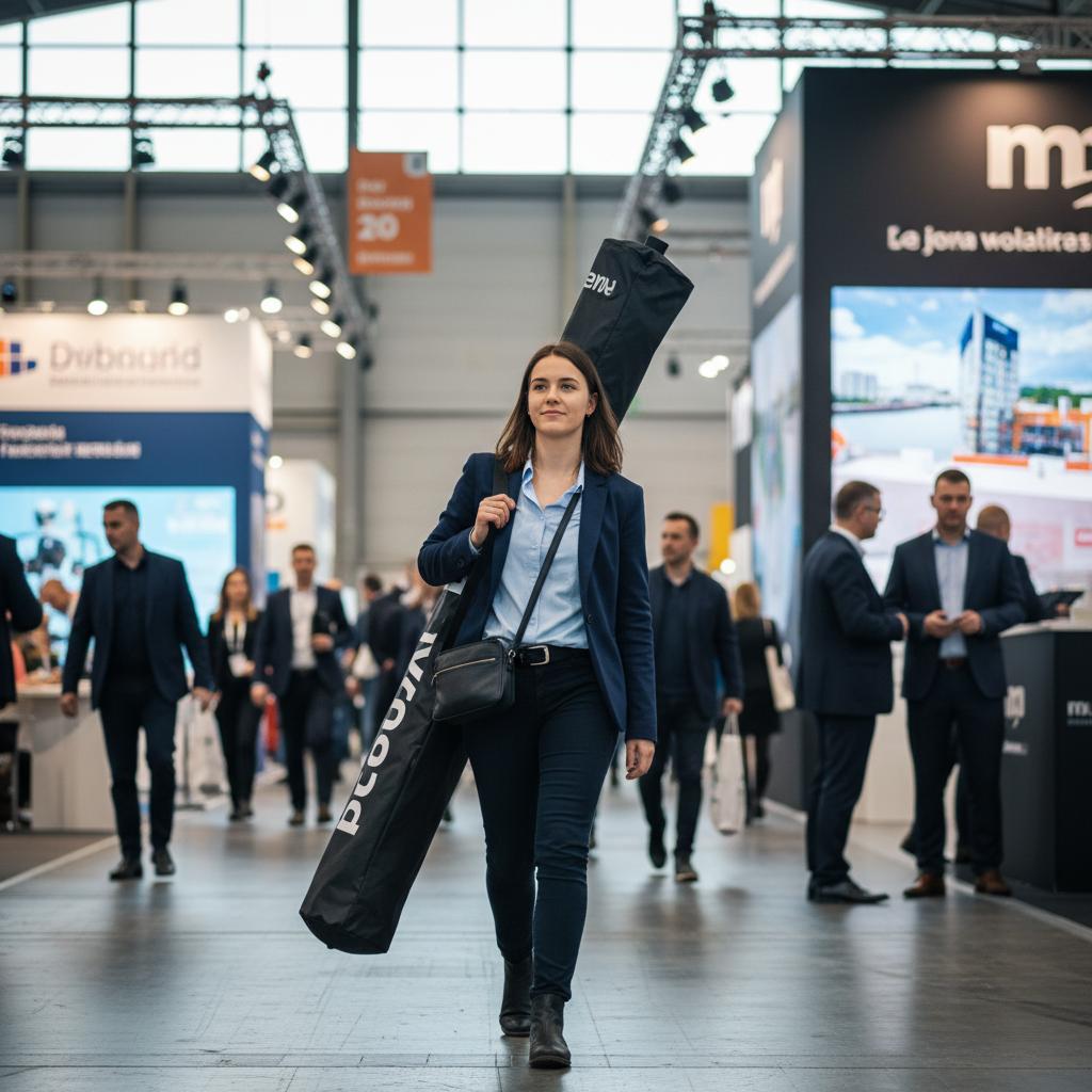 Kompakt und leicht zu transportieren: Beachflags sind für Promotion und Messeauftritte ideal Eine Frau marschiert über eine Messe, über der Schulter transportiert sie eine Beachflag