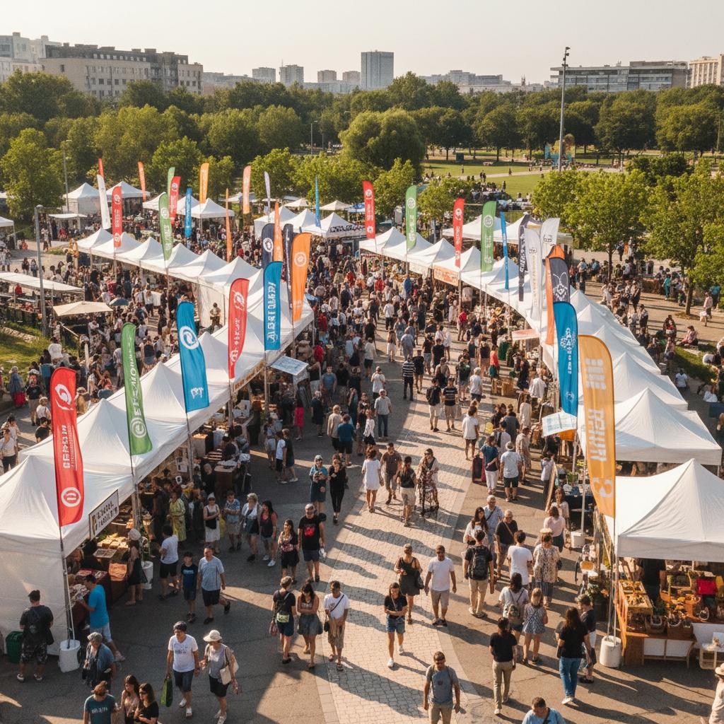 Beachflags bieten flexible Einsatzmöglichkeiten Blick von oben auf einen Markt, zahlreiche Stände haben eine Beachflag vor dem Stand