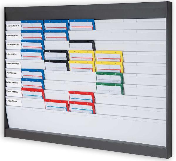 Plantafel mit Metallrahmen und robusten Kunststofffächern für DIN A4 Auftragstaschen und -Formulare