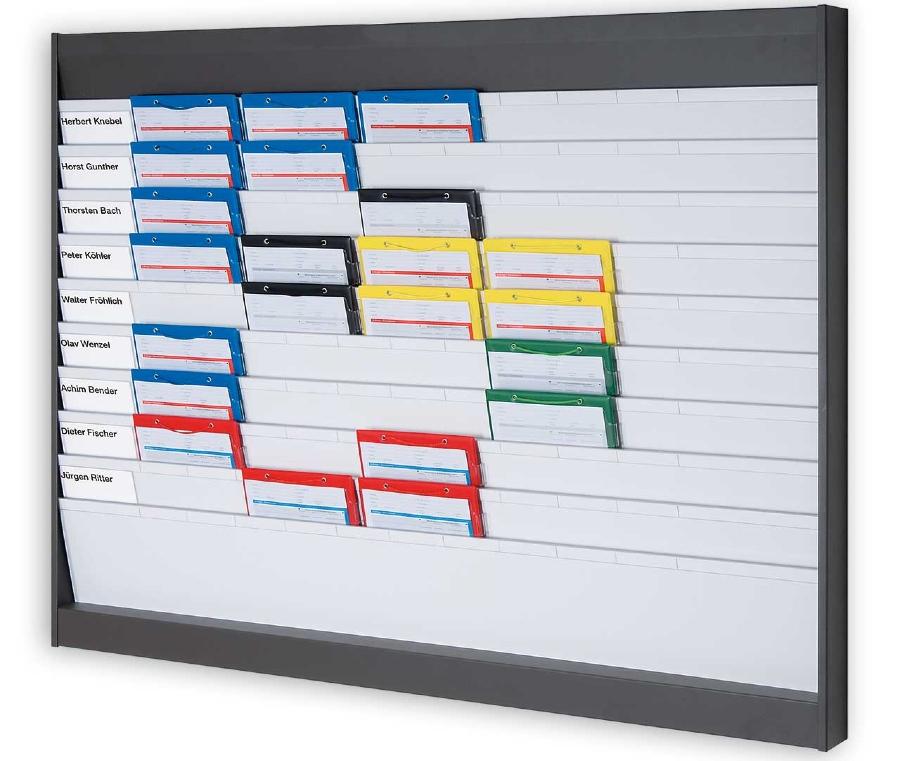 Plantafel mit Metallrahmen und robusten Kunststofffächern für den Werkstattleiter