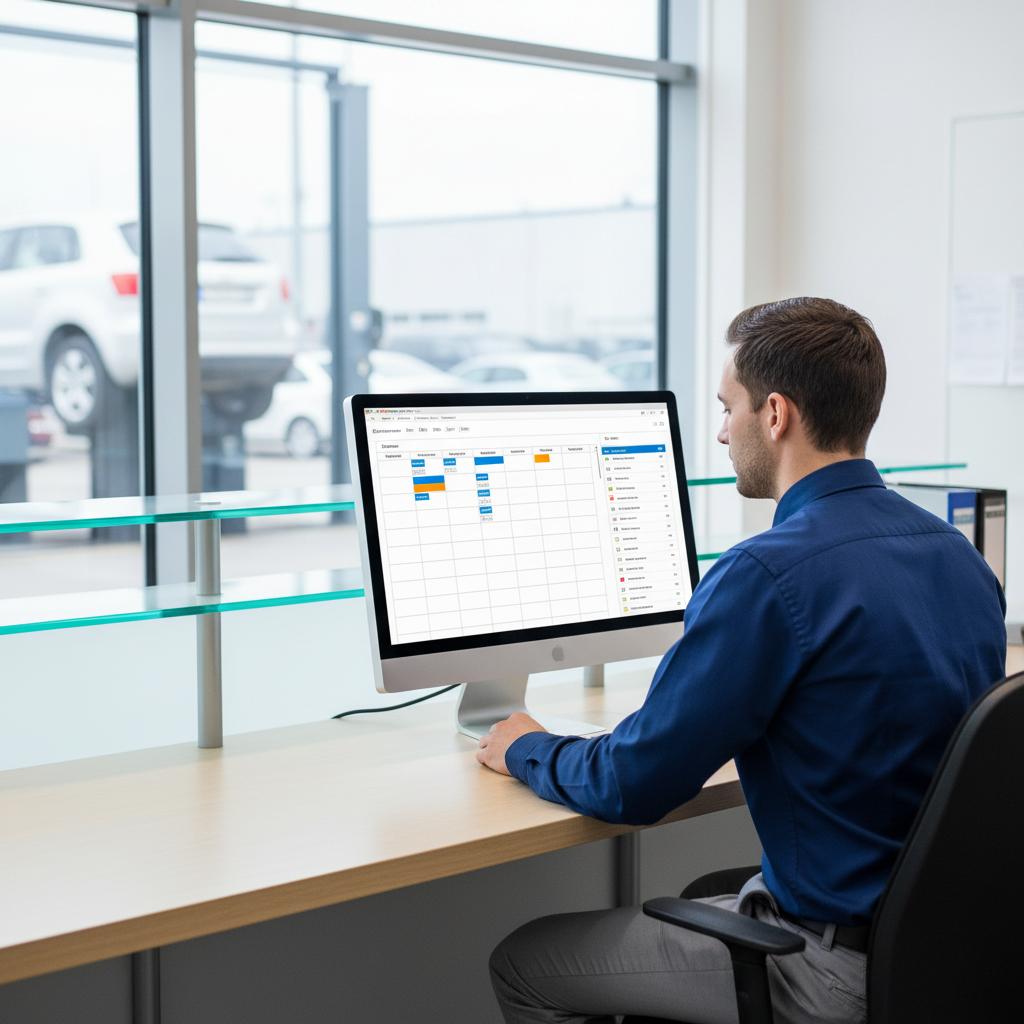 Serviceberater an Werkstattempfang arbeitet am PC mit Werkstattverwaltungssoftware, Terminplan auf dem Bildschirm
