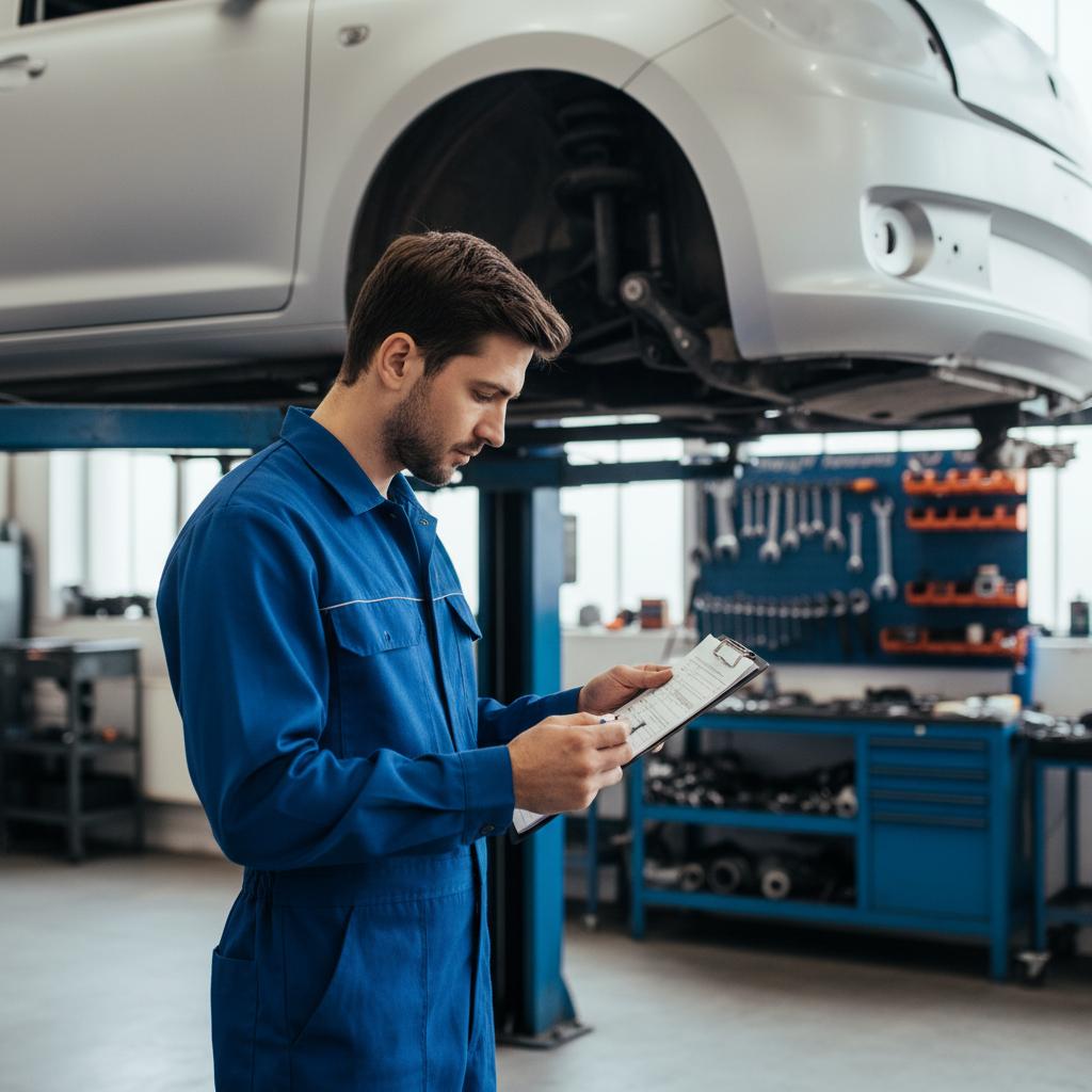 Kfz-Monteur mit Klemmbrett prüft Auftragsliste neben Hebebühne mit aufgebocktem Fahrzeug
