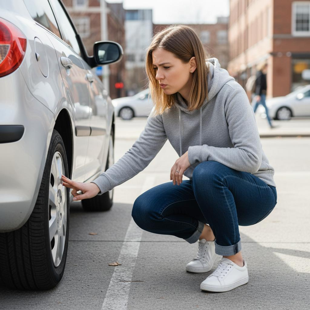 Eine Frau betrachte kritisch den Hinterreifen ihres PKWs 