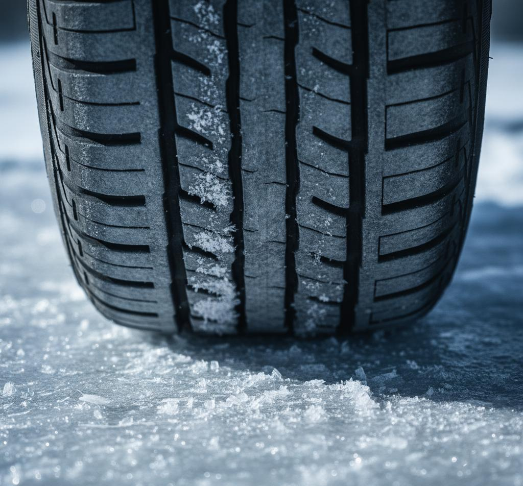 Großaufnahme eines Reifens auf vereister Straße