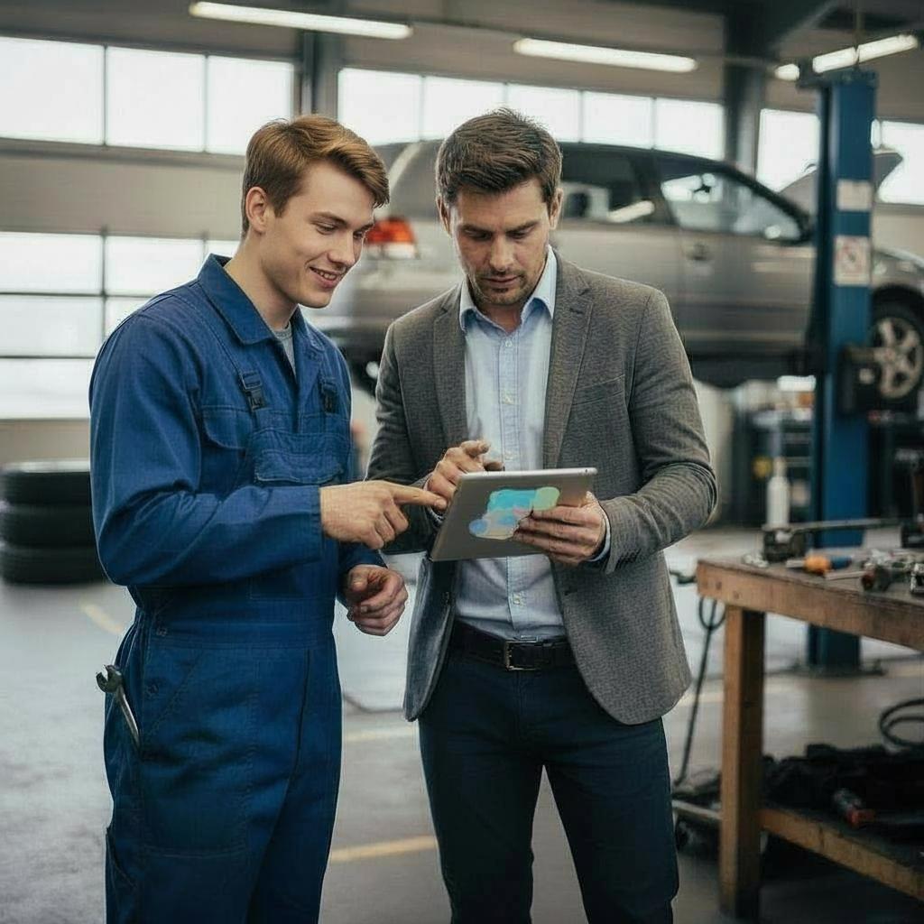 Werkstattleiter und Monteur besprechen gemeinsam Erweiterungsplanung mit Tablet in Werkstatthalle