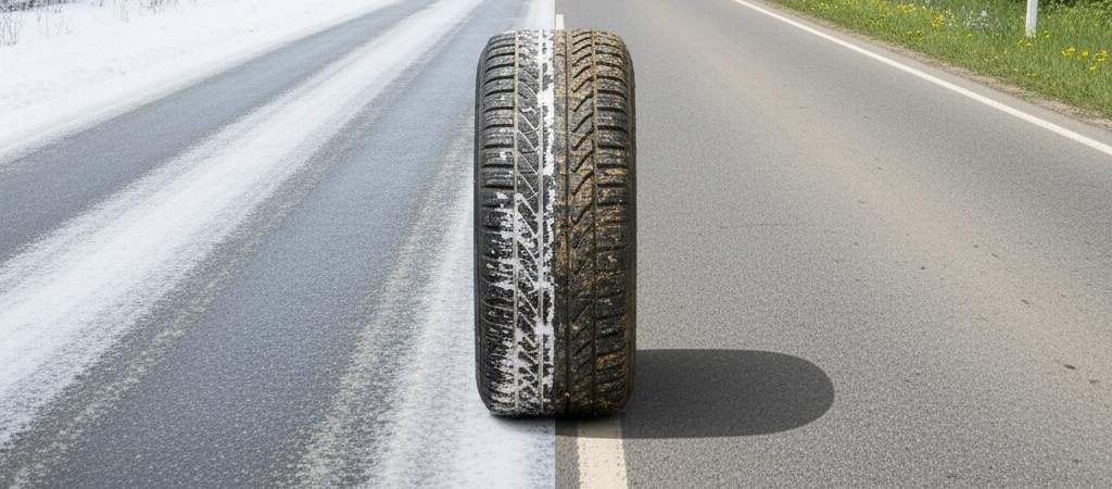 Ein Split-Bild: links eine winterliche Straße, rechts eine sommerliche, in der Mitte eine Reifen 