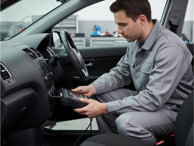 Kfz-Techniker schließt OBD-Diagnosegerät am Fahrzeug an, Werkzeugschränke im Hintergrund