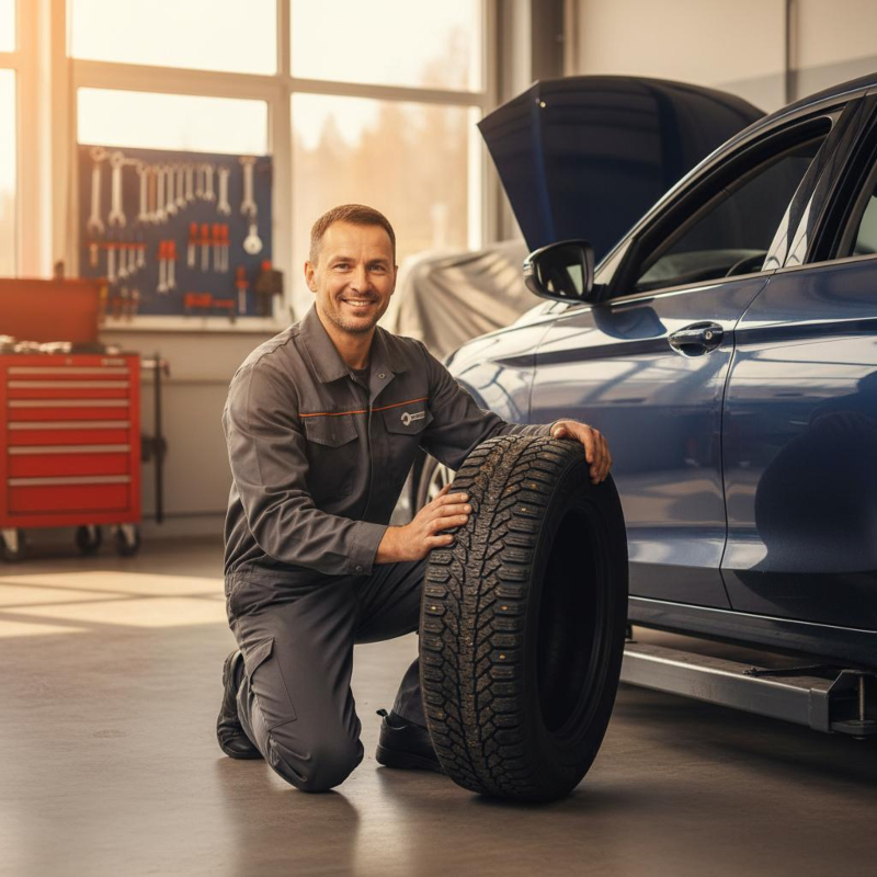 Ein Mechaniker in einer Werkstatt lächelt in die Richtung des Betrachters, vor sich hält er einen wechselbereiten Reifen 