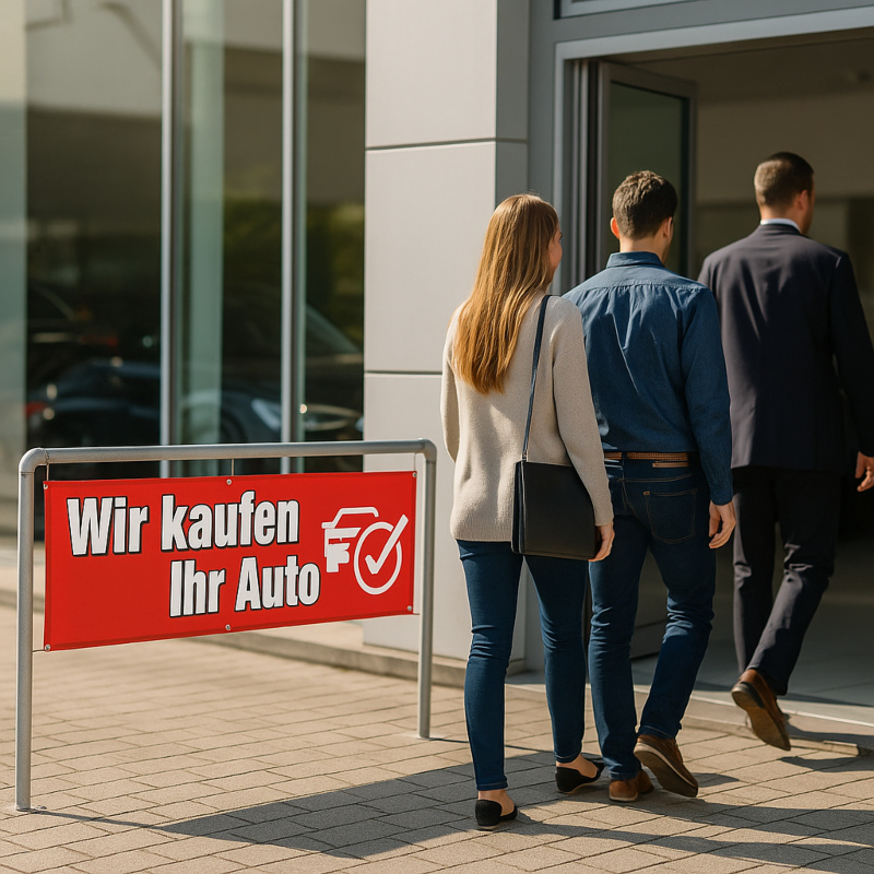 Werbebanner Wir kaufen Ihr Auto, 300 x 70 cm, Design rot  Werbebanner Wir kaufen Ihr Auto, 300 x 70 cm, Design rot