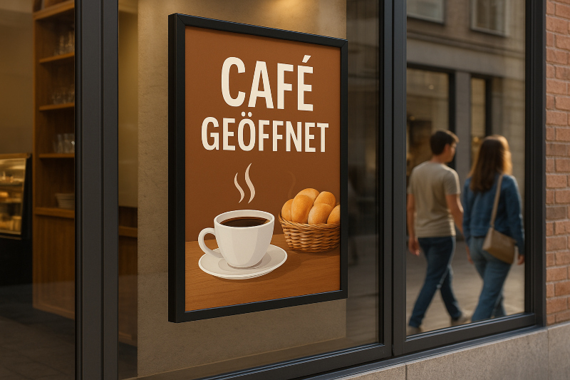 Das Plakat sollte nicht zu viel Informationen enthalten Ein Infoplakat vor einem Café