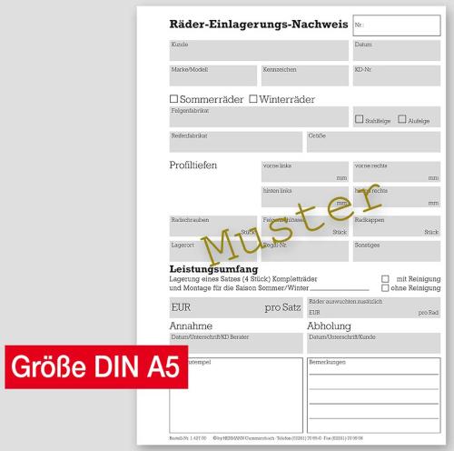 Räder-Einlagerungsformulare DIN A5, ohne RDKS-Tabelle - Service Reifeneinlagerung und Räderwechsel