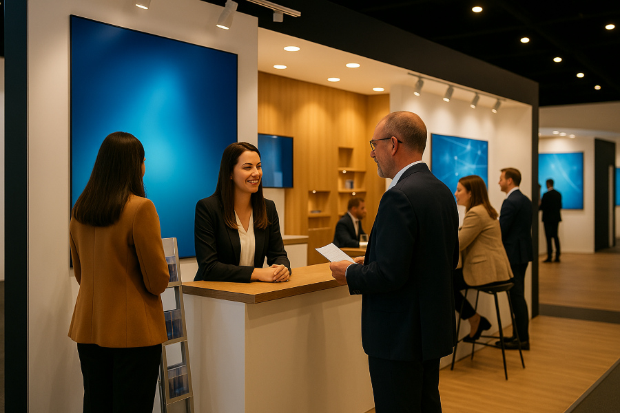 Ein Messestand mit mehreren Messebesuchern 