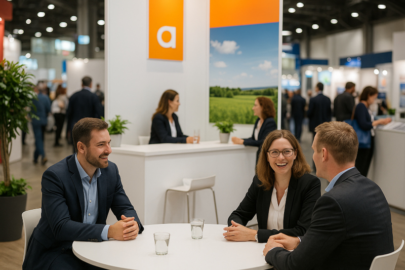 Auf einer Messe sitzen drei Personen um einen Tisch an einem Stand und führen ein Gespräch 