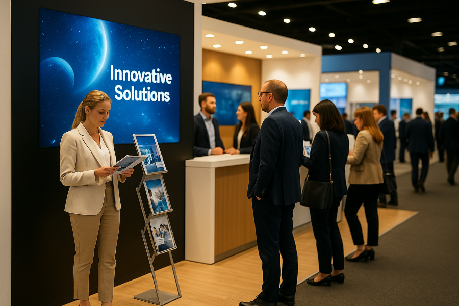 Vor einem Messestand betrachten einige Besucher das Infomaterial 