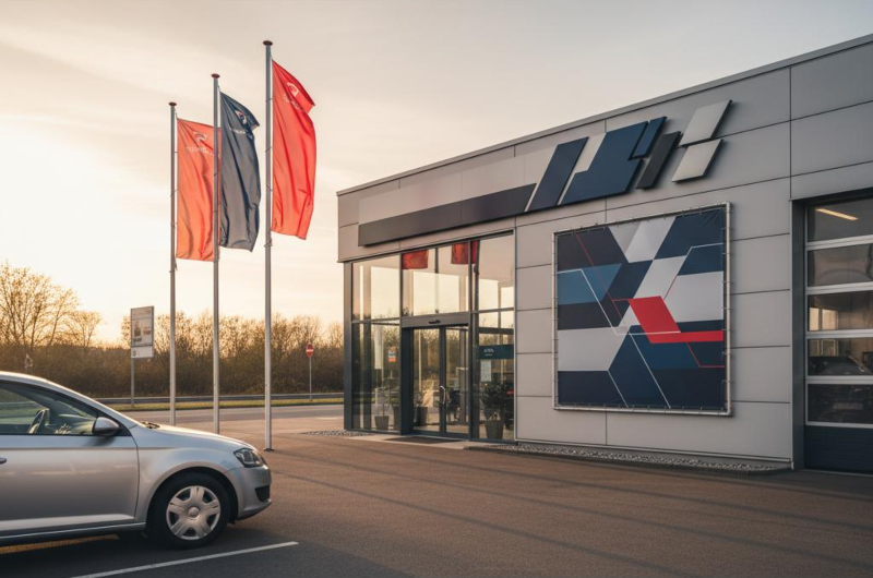 Werbefahnen und großflächige Fassadengrafik an einem Firmengebäude als Beispiel für Offline-Marketing