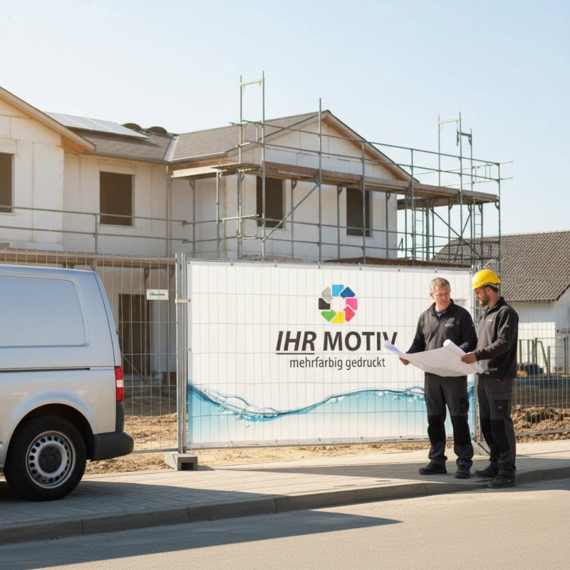 Zwei Handwerker vor einem bedruckten Bauzaunbanner an einer Baustelle