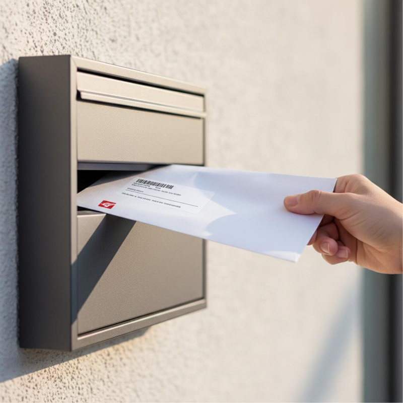 Hand steckt eine adressierte Werbesendung in einen Briefkasten als Beispiel für Direktmarketing