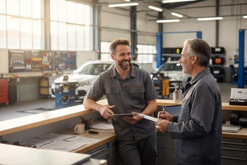 Zwei Kfz-Fachleute in grauer Arbeitskleidung im Gespräch an der Serviceannahme einer KFZ-Werkstatt, einer hält ein Klemmbrett, helle Werkstatthalle im Hintergrund