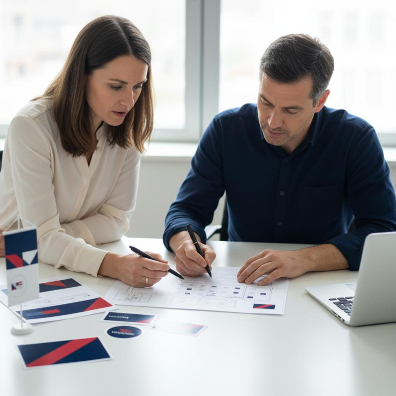 Frau und Mann planen an einem Tisch mit Fahne, Aufklebern und Druckmustern eine Werbekampagne