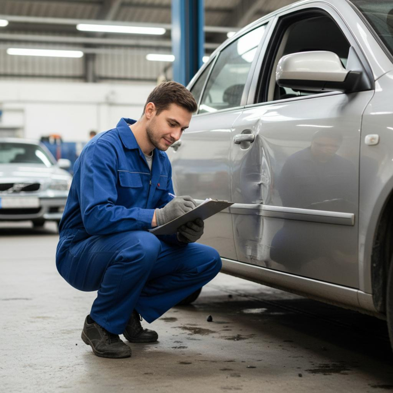 KFZ-Mechaniker in blauem Overall hockt neben einem silbergrauen Auto mit Blechschaden an der Fahrertür und dokumentiert den Unfallschaden auf einem Klemmbrett