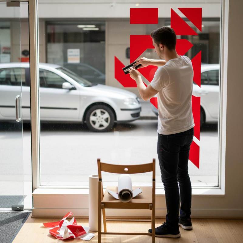 Mitarbeiter bringt großflächige rote Werbeaufkleber an einem Schaufenster als Werbung am Point of Sale an