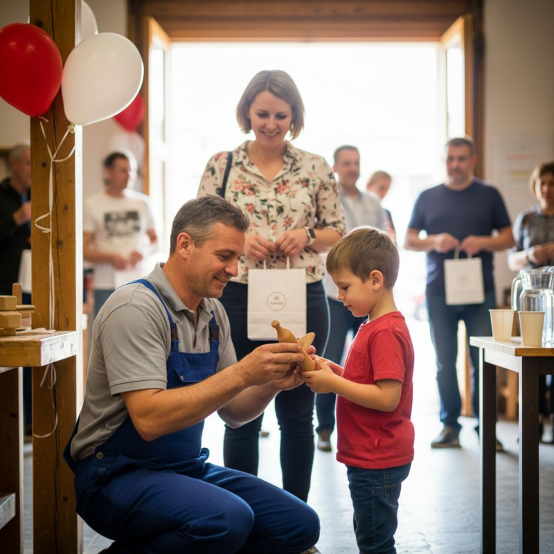 Handwerker übergibt einem Kind während eines Tags der offenen Tür ein Holzobjekt