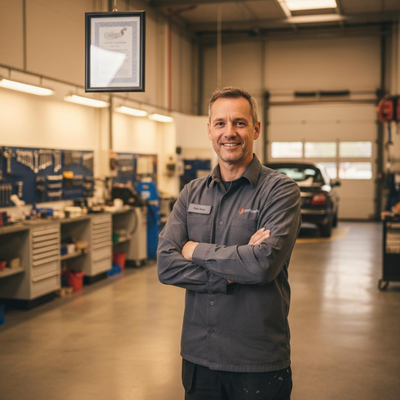 Werkstattleiter in grauer Arbeitskleidung steht mit verschränkten Armen in einer gepflegten KFZ-Werkstatt, im Hintergrund Werkzeugwand und gerahmtes Qualitätszertifikat