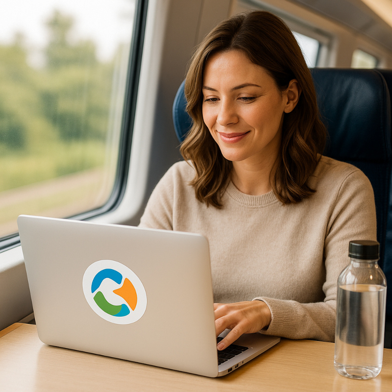 Eine Frau sitzt im Zug, vor Ihr hat sie einen Laptop aufgeklappt, auf dem ein Aufkleber angebracht ist