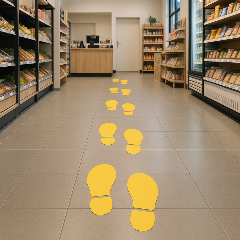 In einem Supermarkt weisen Fußbodenaufkleber in Schuhsolenform den Weg zur Kasse
