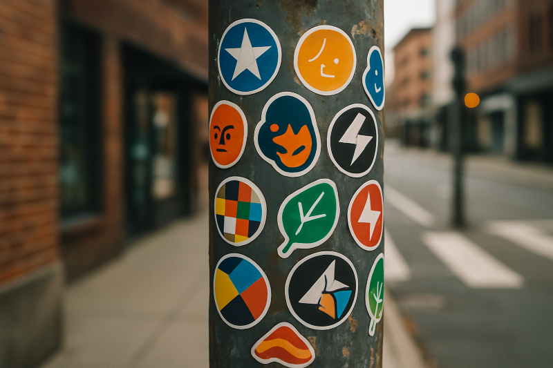 In einer Stadt ist ein Laternenpfahl mit zahlreichen Stickern beklebt 