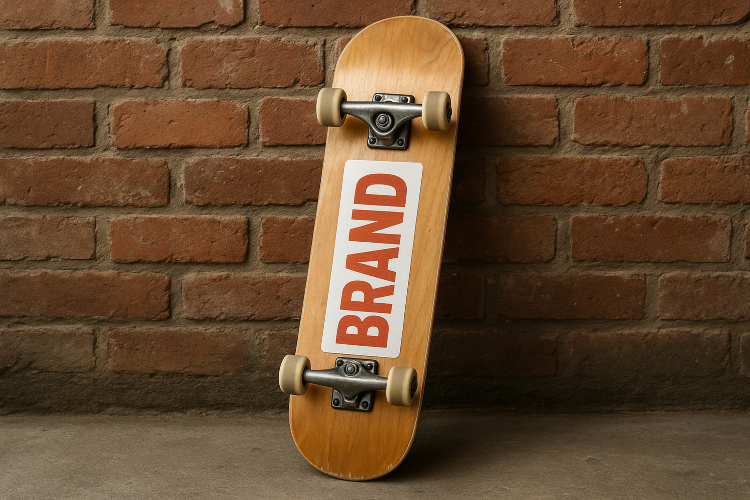 Ein Skateboard mit Kleber lehnt an einer Backsteinwand