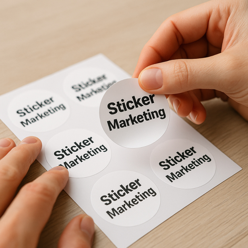 Jemand zieht von einem Stickerbogen, einen Sticker ab, auf dem "Sticker Marketing" steht