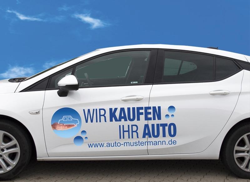 Autobeschriftung "Wir kaufen Ihr Auto" Autoaufkleber Druck Farbe blau - zB für Messen wie Autofrühling