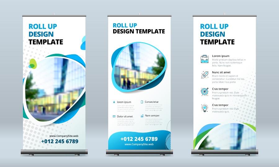 3 Roll-Up-Displays, Computeranimation - Messeauftritt planen