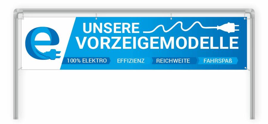 Werbebanner 300 x 70 cm Thema: Elektromobilität Motiv: Vorzeigemodell - blau POS