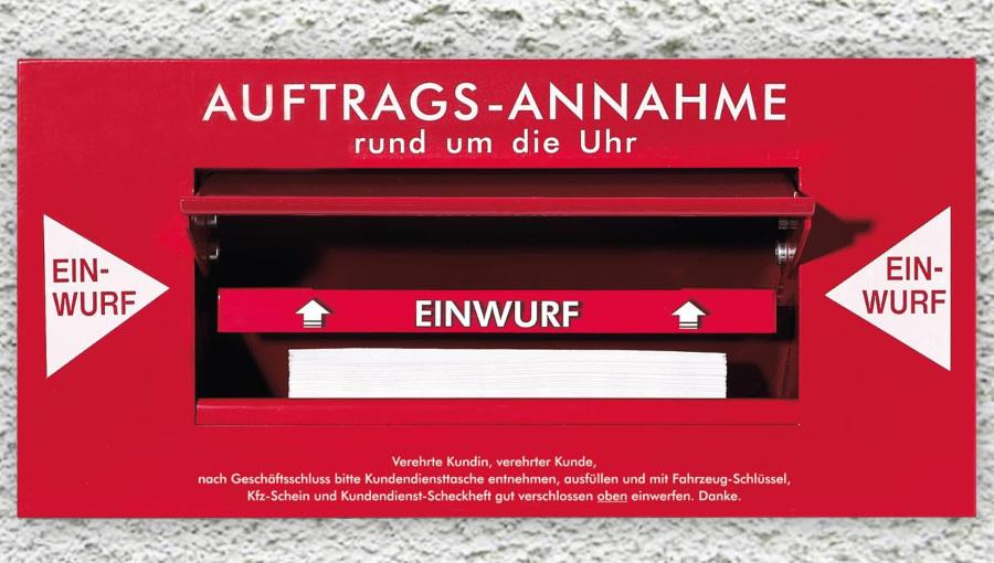 24-Stunden-Annahme-Schacht - ohne Innenbox, mit 50 Kundendienst-Taschen - rot (RAL 3020)
