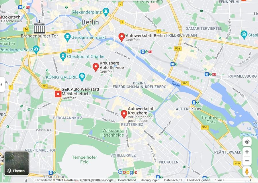 Google Maps Suchanfrage nach Werkstätten in Berlin