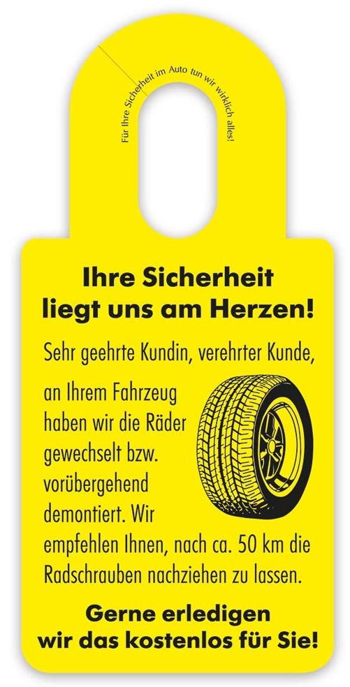 Hinweis-Spiegelanhänger "Radschrauben prüfen" - 50 km vorgegeben