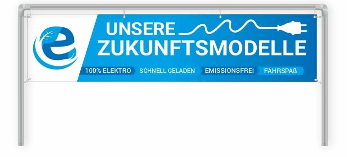 Werbebanner 300 x 70 cm Thema: Elektromobilität Motiv: Zukunftsmodelle - blau