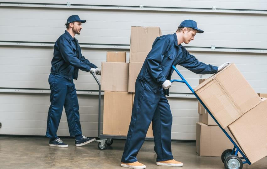 Zwei-Lagerarbeiter-mit-Transportwagen - Transportwagen für Industrie und Lager