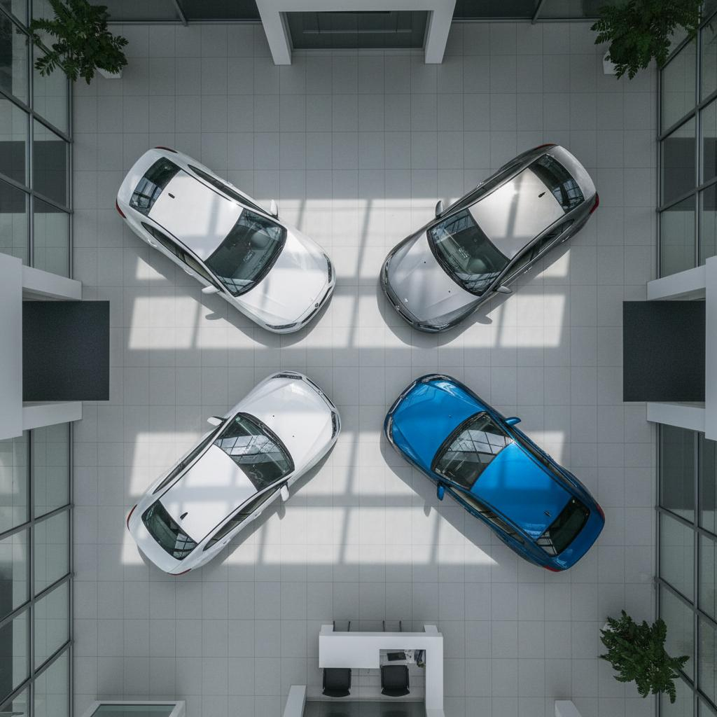 Vogelperspektive auf den Showroom eines Autohauses mit vier präsentierten Fahrzeugen