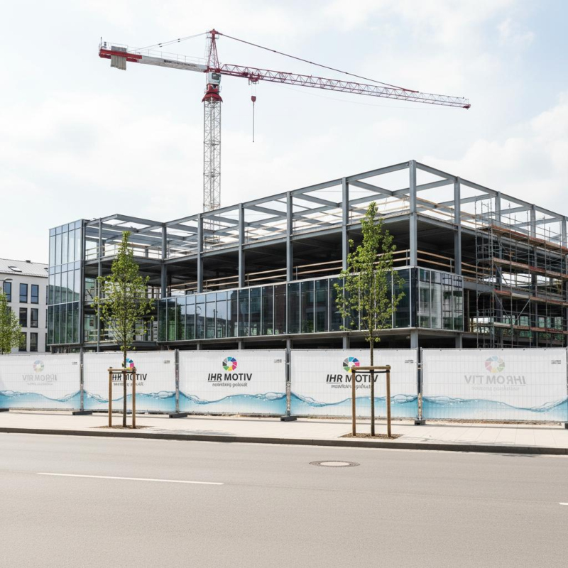 Bauzaunbanner vor dem Rohbau eines Autohauses weisen während der Bauphase auf die bevorstehende Eröffnung hin