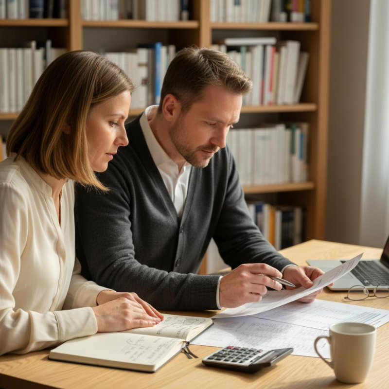 Zwei Gründer sitzen gemeinsam am Schreibtisch und besprechen die Finanzplanung für die Eröffnung ihres Autohauses